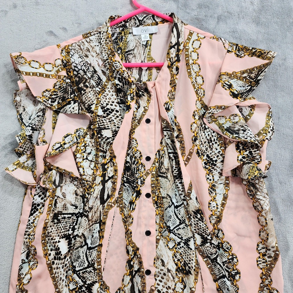 NEW Ovi Top Womens M Pink Animal Chain Print High Neck Flutter Sleeve Office - Picture 4 of 11